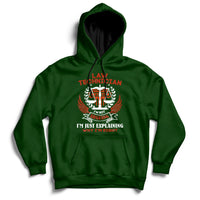 Forest green law-themed hoodie with front crest graphic and text, pullover hood and long sleeves