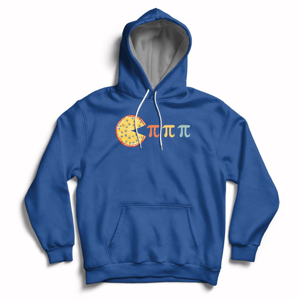 Royal blue hoodie with front pocket, drawstring hood, and pi math graphic