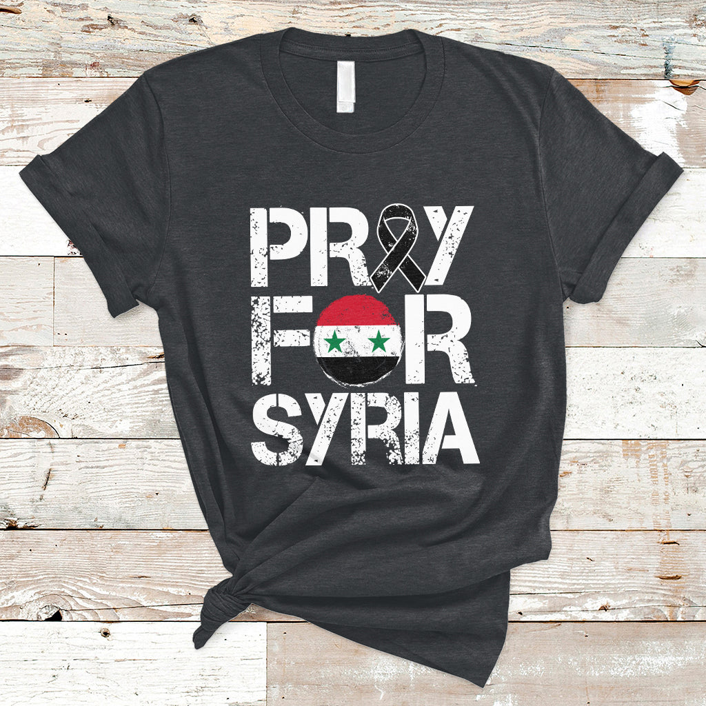 Prayer for Syria T-shirt in black with 'PRAY FOR SYRIA' front graphic