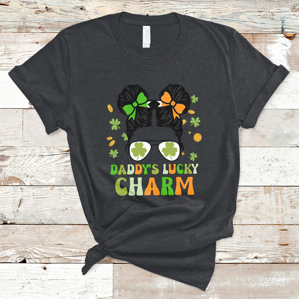 St Patricks Day Daddy's Lucky Charm Cute Little Bun Irish Girls T-Shirt - Wonder Print Shop