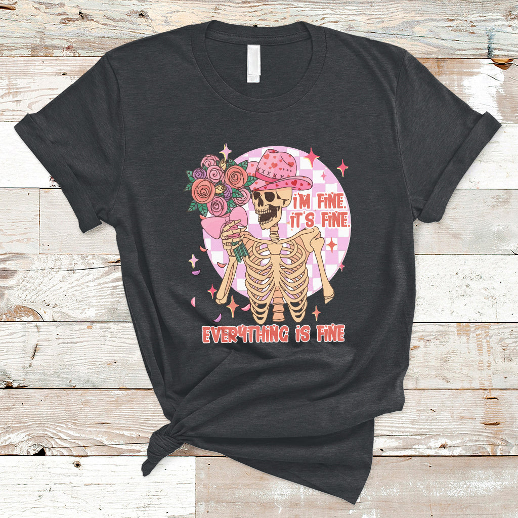 Black crewneck t-shirt with colorful skeleton cowboy hearts graphic
