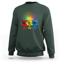 Forest green sweatshirt with periodic element graphic and rainbow sunburst on chest