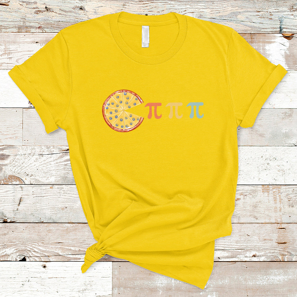 Daisy yellow crewneck T-shirt with pizza slice and pi pi pi graphic on the front