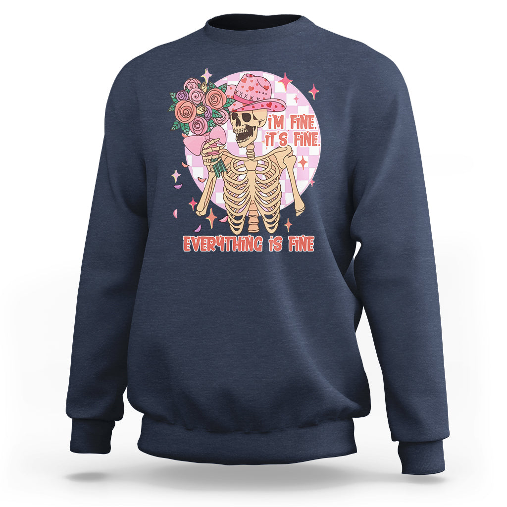 Navy crewneck sweatshirt with cowboy skeleton cupid graphic and 'Everything is Fine' text