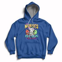 Royal blue nursing hoodie with colorful nurse bunny "Egg-stra Special" front graphic