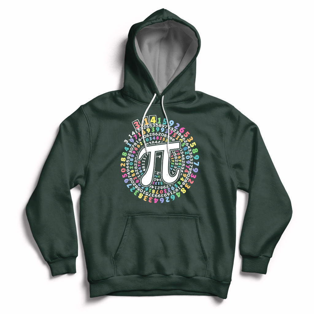 Forest green Pi Day geometry hoodie with colorful pi-digit circle graphic and kangaroo pocket