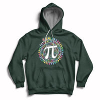 Forest green Pi Day geometry hoodie with colorful pi-digit circle graphic and kangaroo pocket