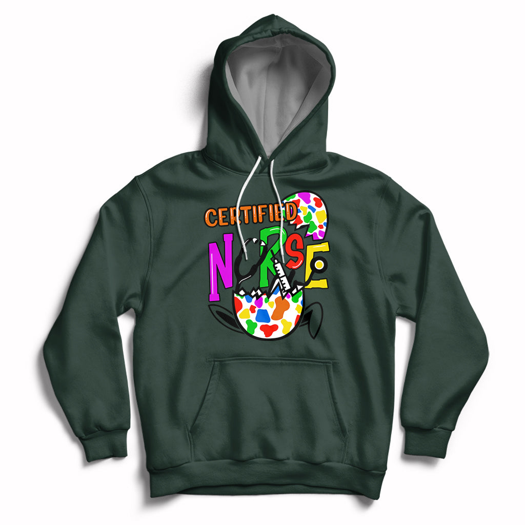 Forest green pullover hoodie with drawstring hood, kangaroo pocket, colorful nurse easter egg graphic.