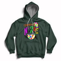 Forest green pullover hoodie with drawstring hood, kangaroo pocket, colorful nurse easter egg graphic.