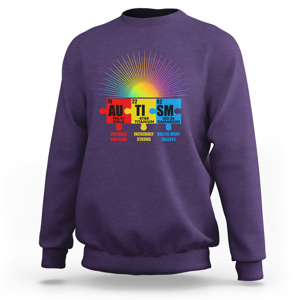 Purple crewneck sweatshirt with multicolor element and puzzle graphic on chest