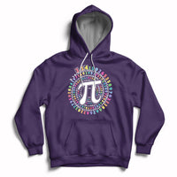 Purple Pi Day geometry hoodie with colorful pi-digit circle graphic and kangaroo pocket