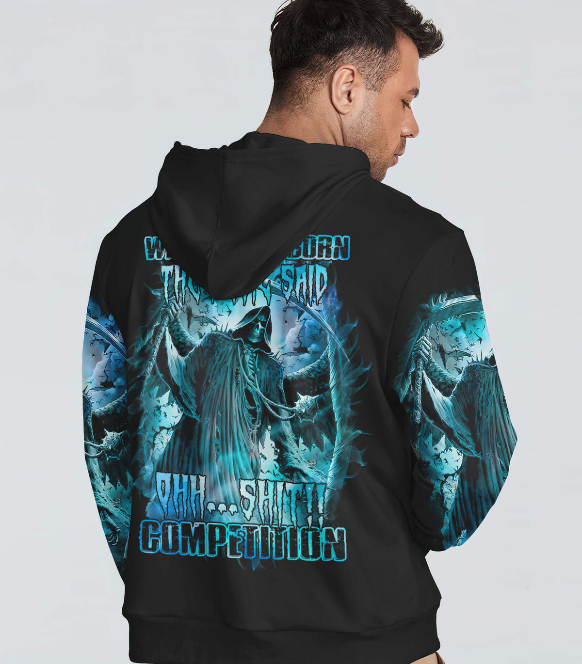 Black pullover hoodie with blue skull back graphic and hood