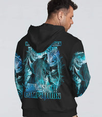 Black pullover hoodie with blue skull back graphic and hood