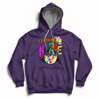 Purple pullover hoodie with drawstring hood, kangaroo pocket, colorful nurse easter egg graphic.