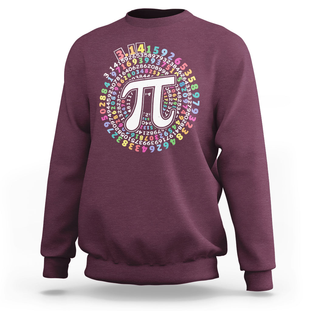 Maroon sweatshirt with circular Pi digits graphic and central pi symbol on chest