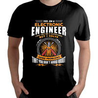 Black electronic engineer T-shirt showing chest graphic with circuit circle and slogan