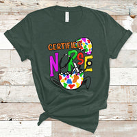 Forest green nurse Easter T-shirt with colorful "CERTIFIED NURSE" and egg graphic