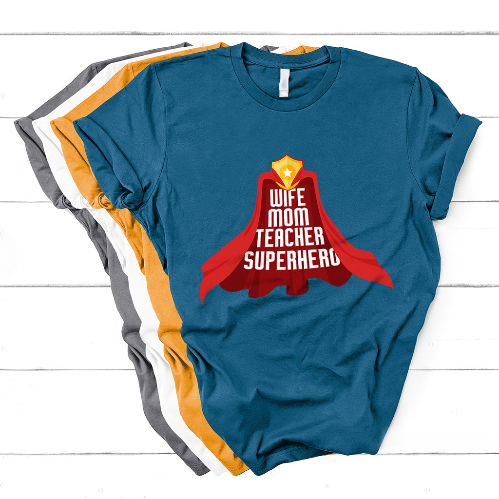 Teal mothers day superhero teacher graphic T-shirt with red cape-style emblem