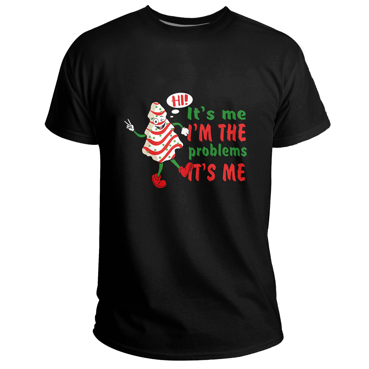 Black crew-neck T-shirt with cartoon Christmas tree and humorous quote graphic