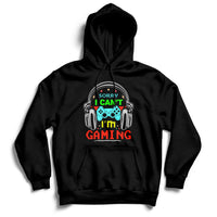 Black gaming hoodie with front headphones graphic and colorful text logo