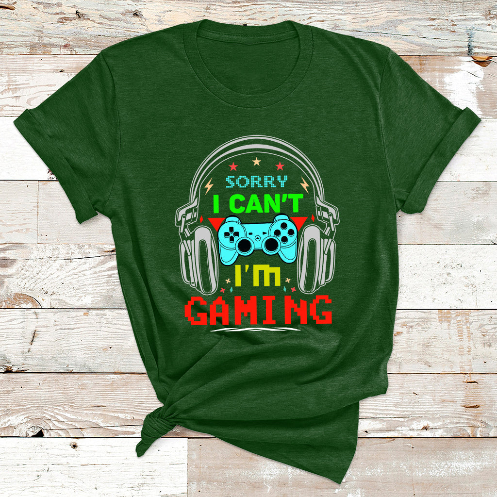 Forest green gaming T-shirt with headphones and controller text graphic, crew neck