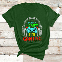 Forest green gaming T-shirt with headphones and controller text graphic, crew neck
