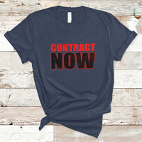 Navy graphic t-shirt with red and black "CONTRACT NOW" print
