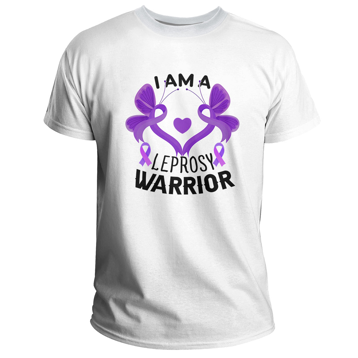 White awareness T-shirt with purple ribbon butterfly heart graphic, short sleeves