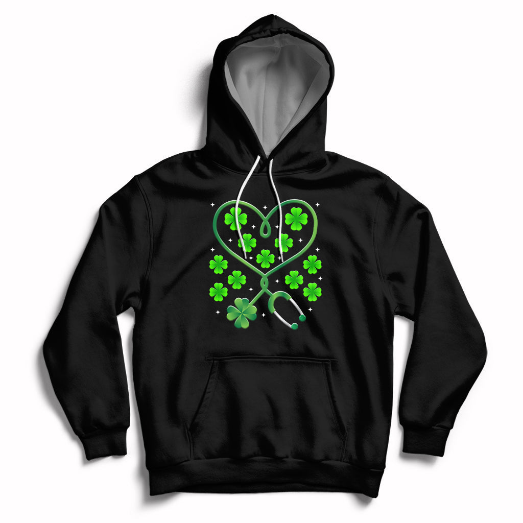 Shamrock Nurse St Patricks Day Stethoscope Heartbeat Clover Hoodie - Wonder Print Shop