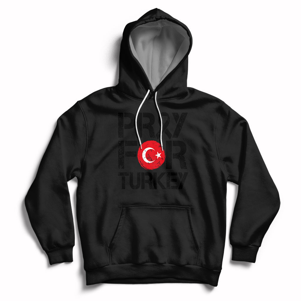Black pullover hoodie with PRAY FOR TURKEY graphic, red crescent flag, kangaroo pocket