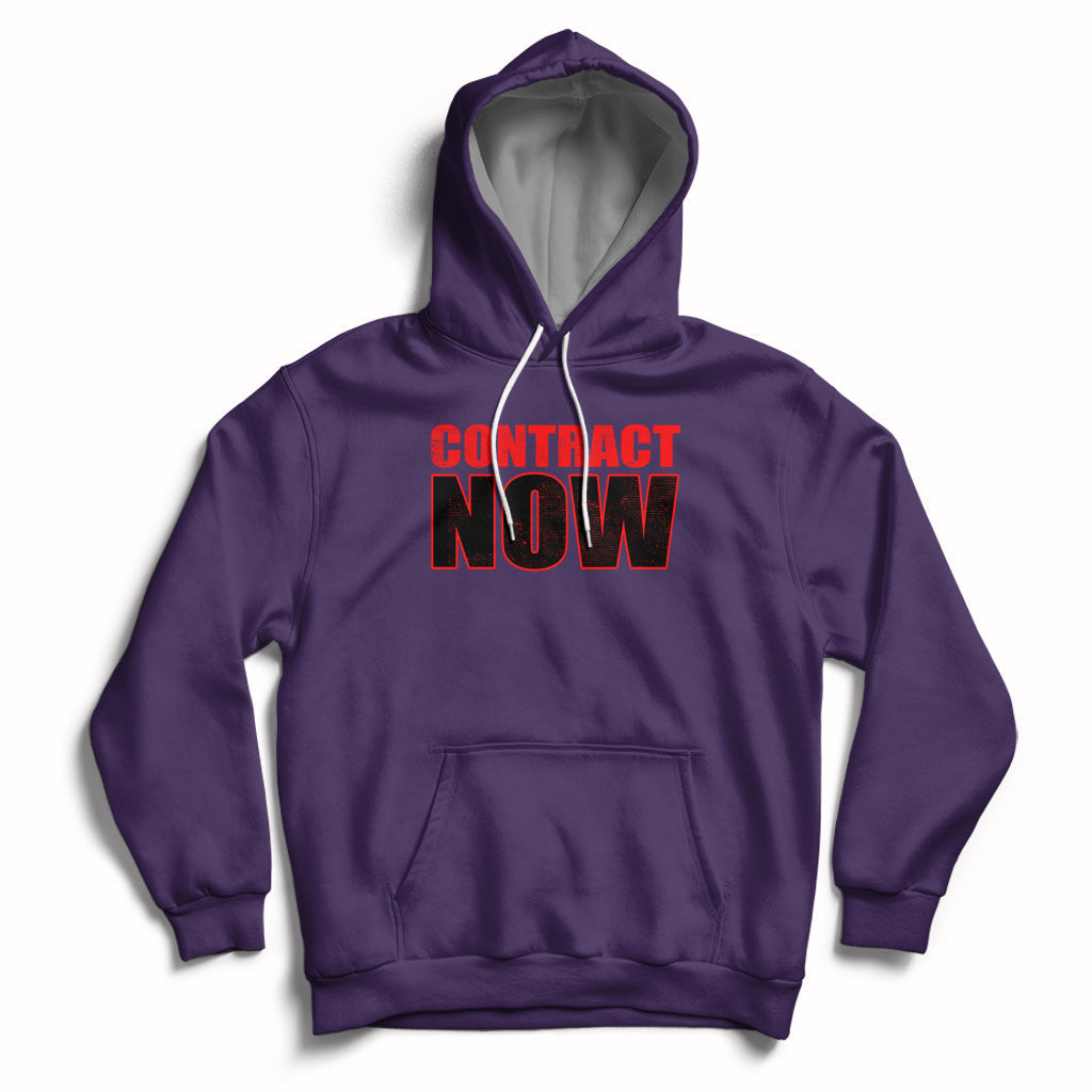 Purple pullover hoodie with Contract Now graphic and kangaroo pocket
