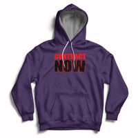 Purple pullover hoodie with Contract Now graphic and kangaroo pocket