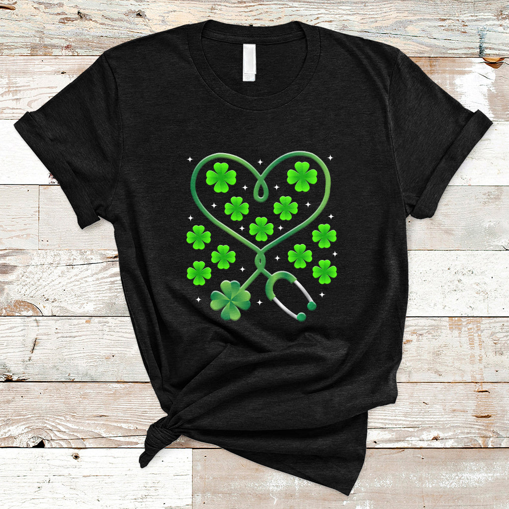 Shamrock Nurse St Patricks Day Stethoscope Heartbeat Clover T Shirt - Wonder Print Shop