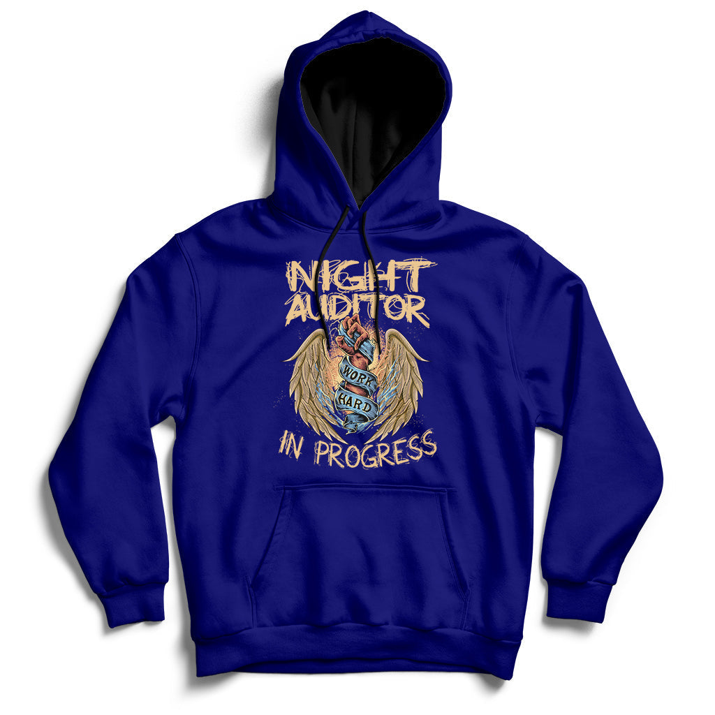 Navy pullover hoodie with front eagle graphic, 'Night Auditor' and 'In Progress' text.