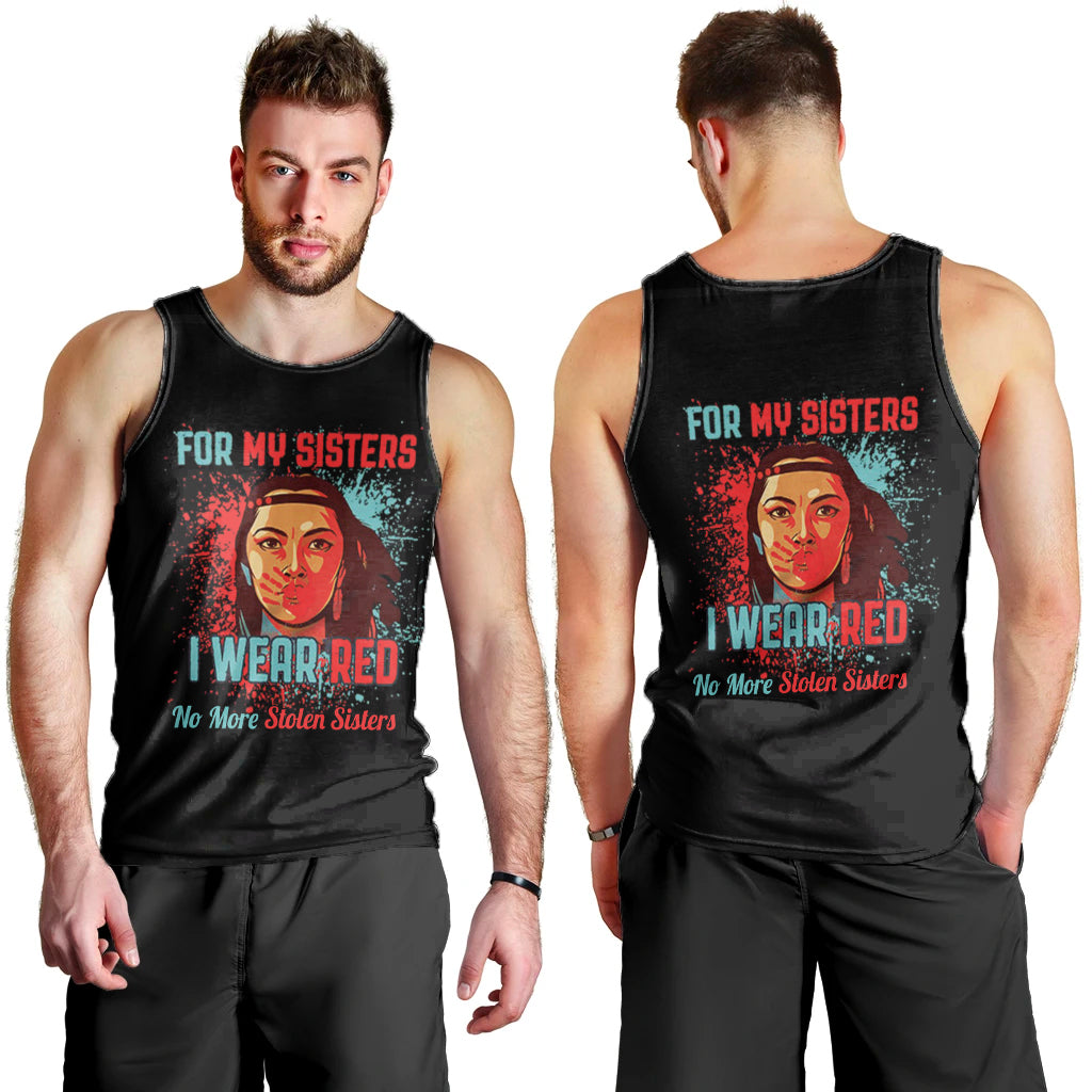 Black sleeveless tank top with Native-inspired red graphic and face illustration