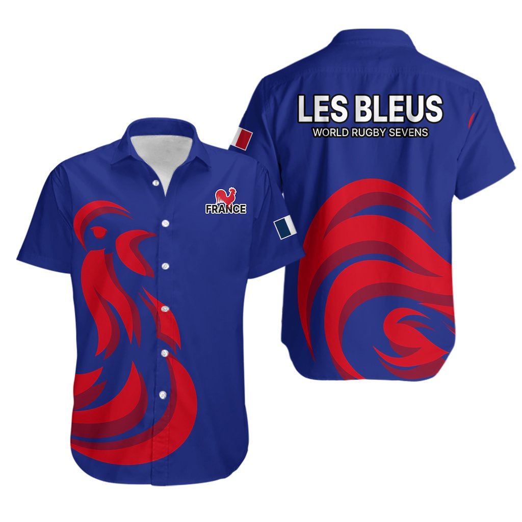 Blue Hawaiian shirt with Les Bleus text, France crest, rooster swirl graphics, button-front.