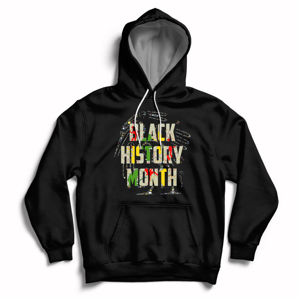 Black pullover hoodie with front pocket, drawstring hood, and “Black History Month” graphic