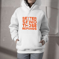 White pullover hoodie with front pocket and orange graphic print on chest