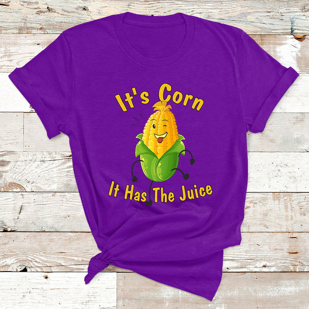 Purple corn graphic T-shirt with 'It's Corn' and 'It Has The Juice' front print.