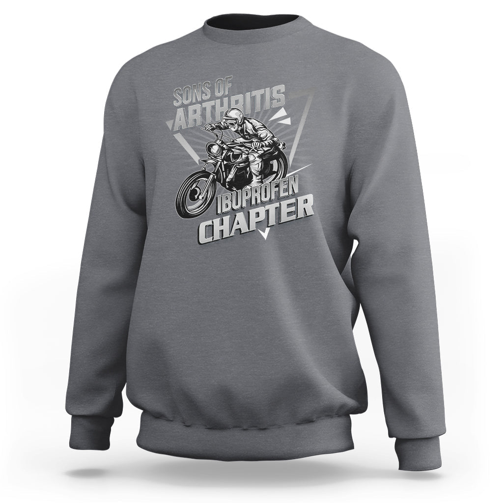 Charcoal gray crewneck sweatshirt with biker skeleton graphic and bold text print