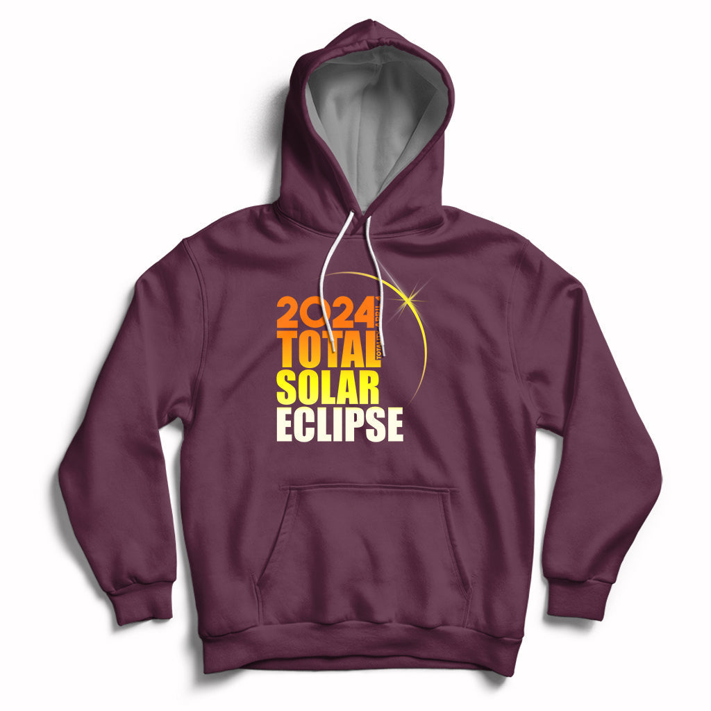 Maroon pullover hoodie with “2024 Total Solar Eclipse” front print and hood pouch