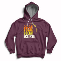 Maroon pullover hoodie with “2024 Total Solar Eclipse” front print and hood pouch