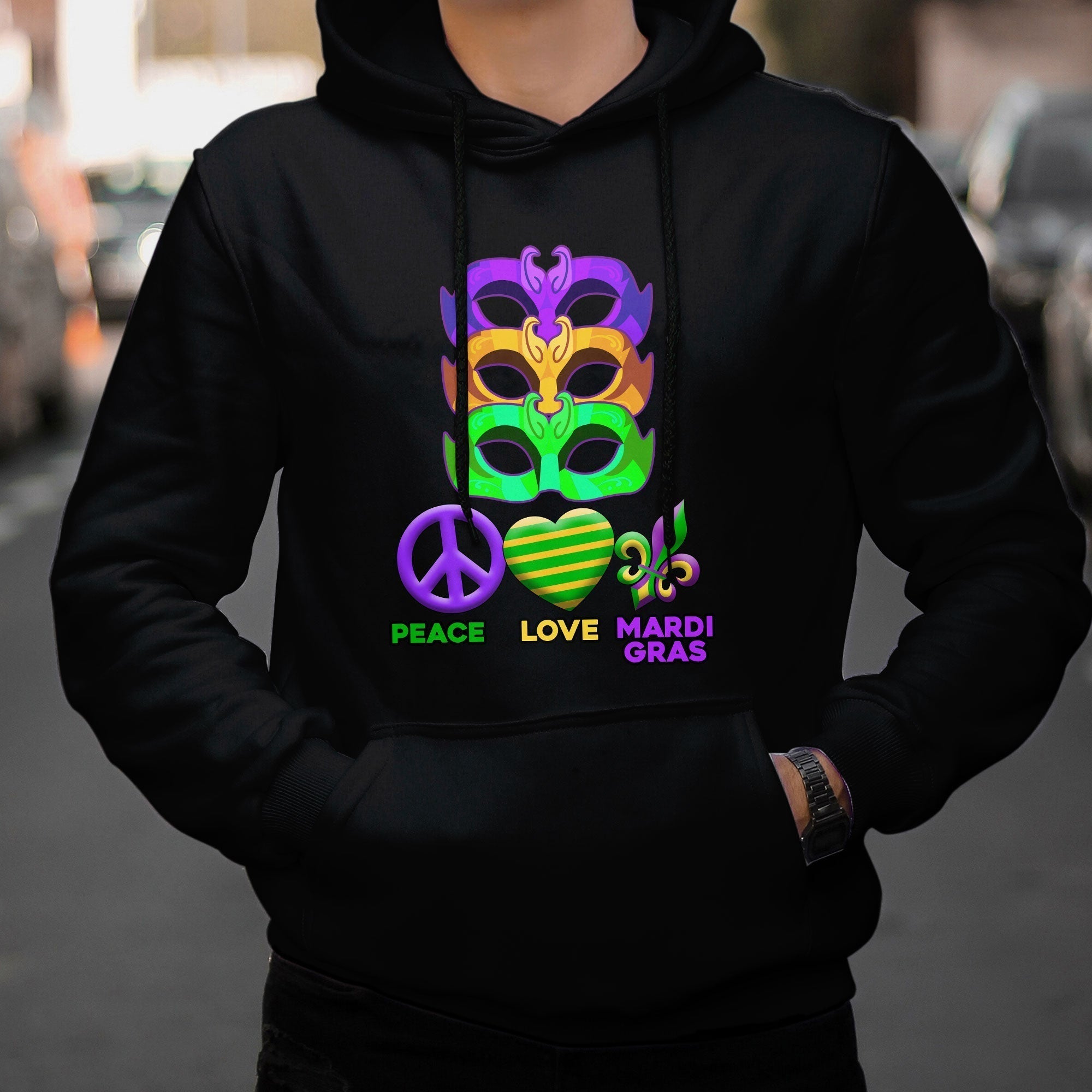 Peace Love Mardi Gras Mardi Gras Costume Carnival Mask Beads And Bling Hoodie - Wonder Print Shop