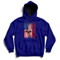 Deep blue pullover hoodie with front American flag-style mothman cryptid graphic