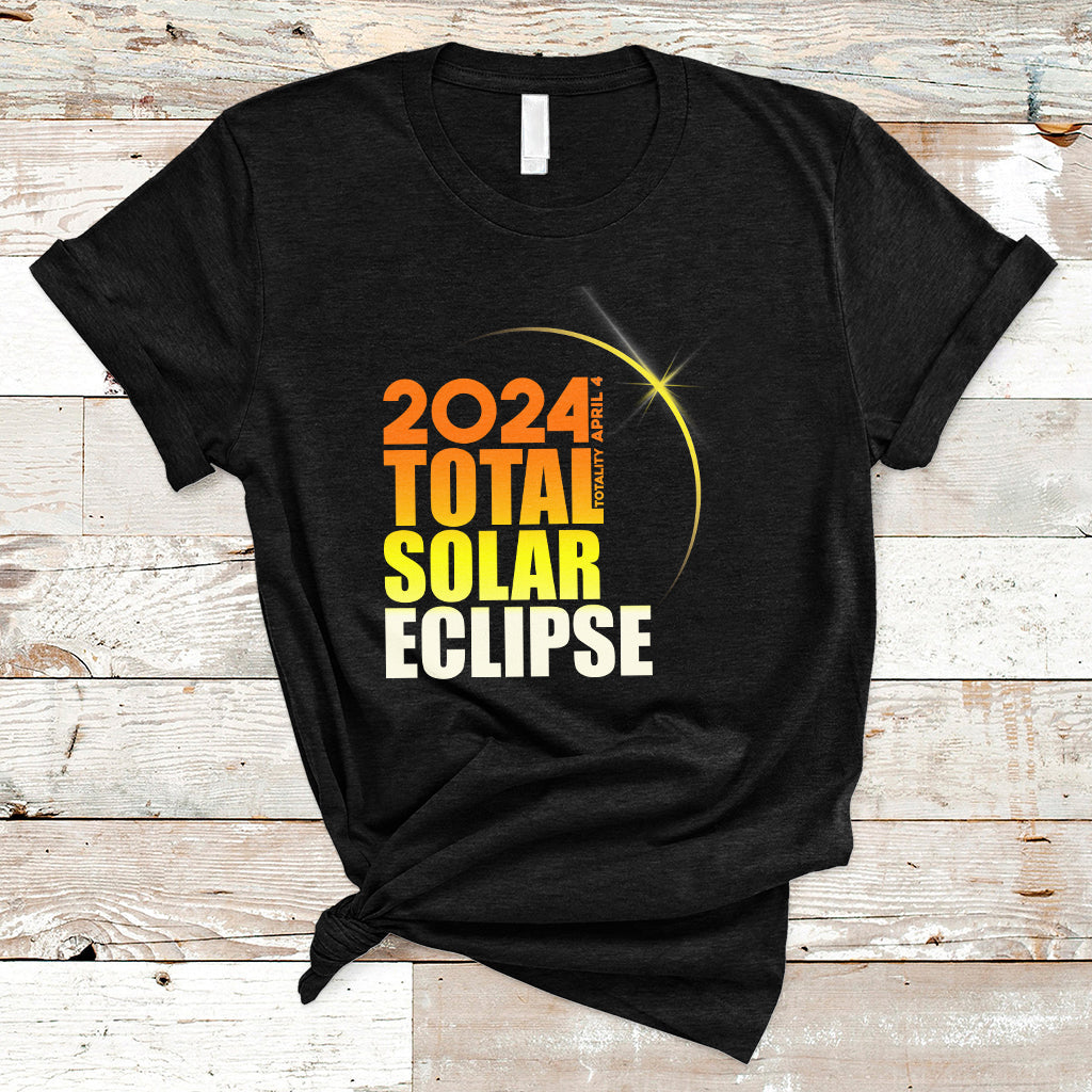 Black T-shirt with "2024 Total Solar Eclipse" graphic and yellow eclipse ring