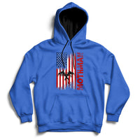 Royal blue pullover hoodie with front American flag-style mothman cryptid graphic