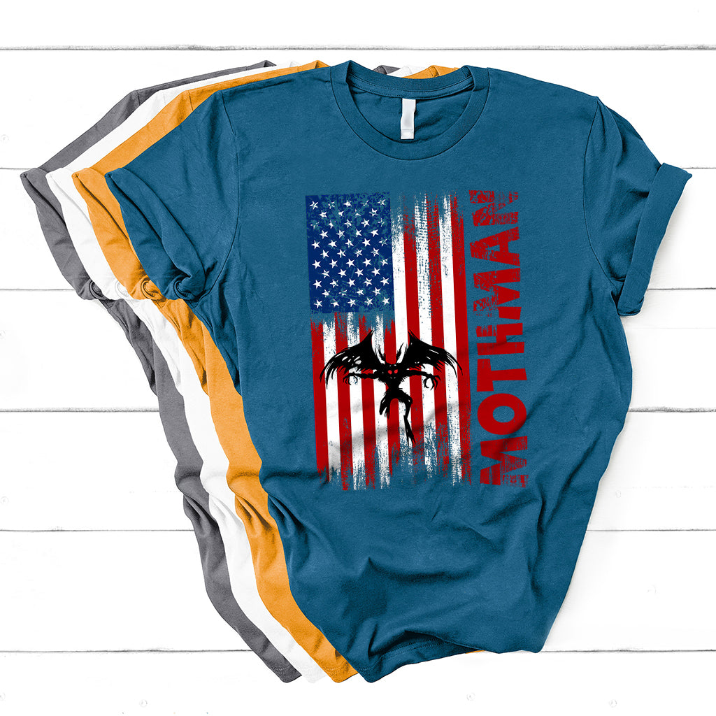 Teal crew-neck T-shirt with American flag and Mothman-style graphic print