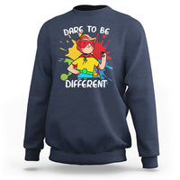 Navy boys autism awareness sweatshirt with colorful “Dare to be Different” graphic