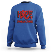 Royal blue crewneck sweatshirt with red ribbon HOPE graphic and 'FOR A CURE' print