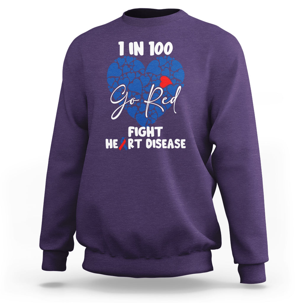 Purple adult sweatshirt with “Go Red” heart disease awareness heart graphic